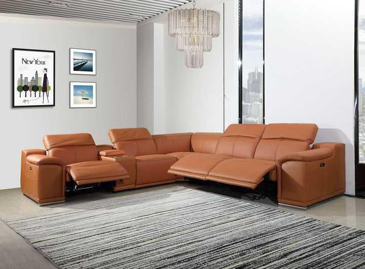 DivanItalia 9762 6-Piece L Shaped Top Grain Italian Leather Sectional Sofa with 3 Power Recliners - Camel