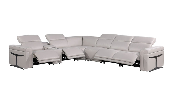 DivanItalia 1126 7-Piece L-Shaped Sectional Sofa in Top Grain Italian Leather with 4 Power Recliners &amp; Power Headrests - Light Gray