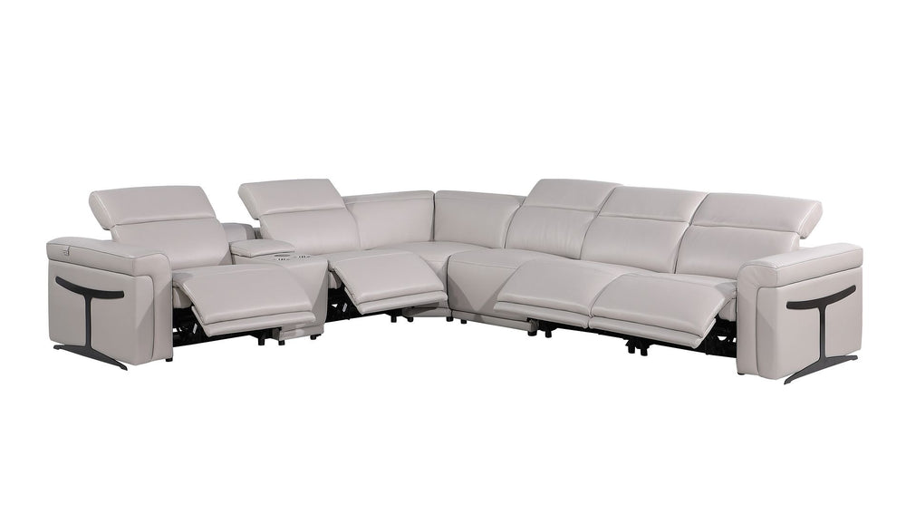 DivanItalia 1126 7-Piece L-Shaped Sectional Sofa in Top Grain Italian Leather with 4 Power Recliners & Power Headrests - Light Gray