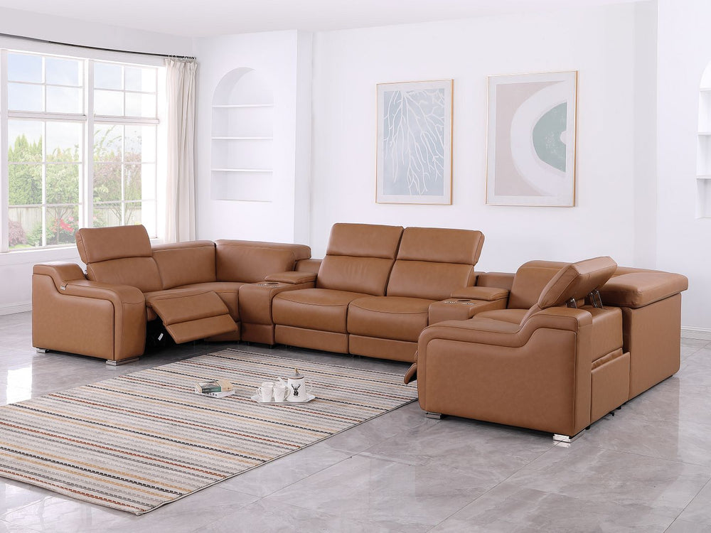 DivanItalia 1116 8-Piece U-Shaped Sectional Sofa in Top Grain Italian Leather with 2 Power Recliners & Power Headrests – with Console - Cognac