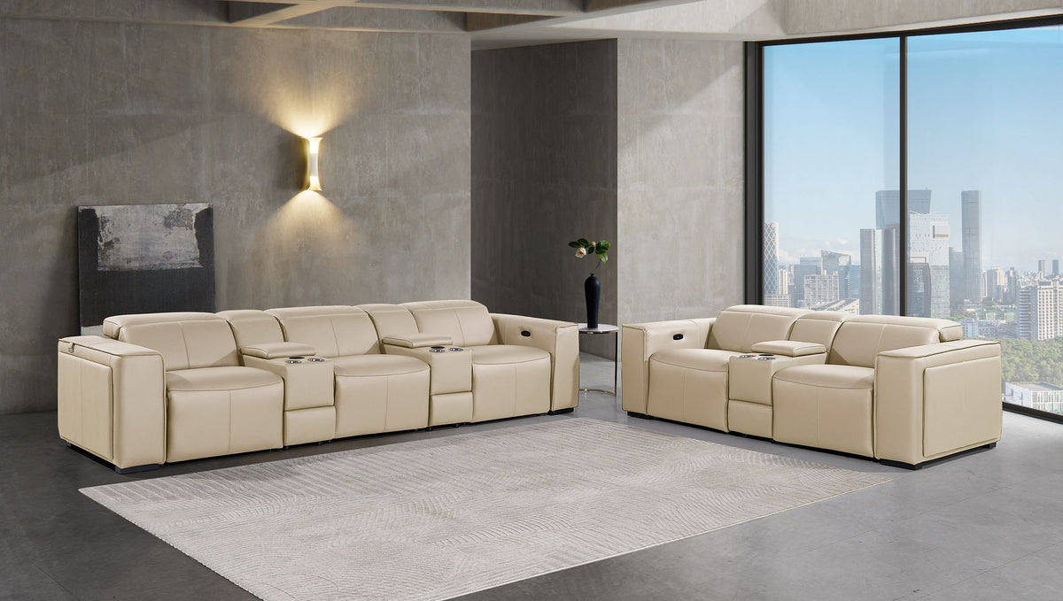 DivanItalia 1224 8-Piece Modular Power Reclining Sofa & Loveseat Set in Top Grain Italian Leather with 5 Power Recliners & Power Headrests - Beige