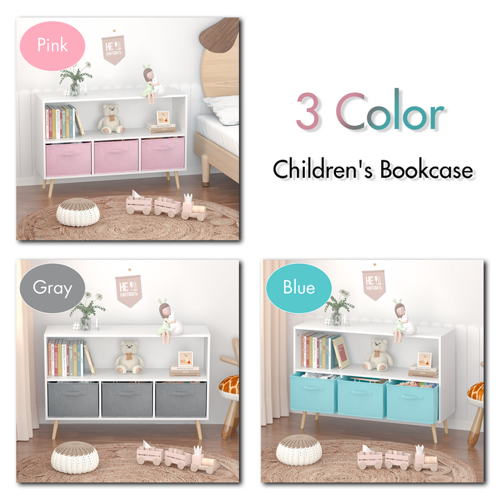 modern-kids-bookcase-with-collapsible-fabric-drawers-childrens-book-display-toy-storage-white-pink-mdf-pine-legs