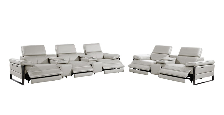 DivanItalia 1246 Modular Power Reclining Dual Console Sofa and Console Loveseat Set with Power Headrests – Top Grain Italian Leather - Light Gray
