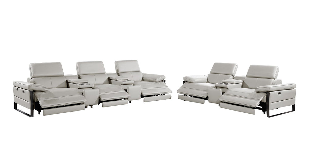 DivanItalia 1246 Modular Power Reclining Dual Console Sofa and Console Loveseat Set with Power Headrests – Top Grain Italian Leather - Light Gray