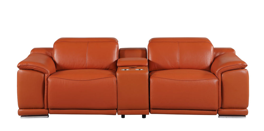 DivanItalia 9762 3-Piece Modular Power Reclining Console Loveseat with 2 Power Recliners in Top Grain Italian Leather - Camel