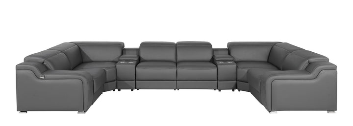 DivanItalia 1116 8-Piece U-Shaped Sectional Sofa in Top Grain Italian Leather with 2 Power Recliners &amp; Power Headrests – with Console - Dark Gray