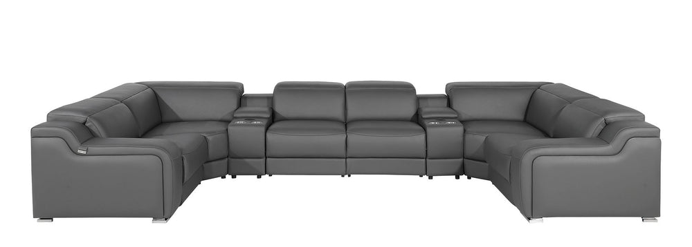 DivanItalia 1116 8-Piece U-Shaped Sectional Sofa in Top Grain Italian Leather with 2 Power Recliners & Power Headrests – with Console - Dark Gray