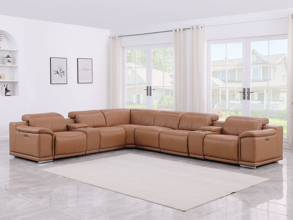DivanItalia 9762 8-Piece L Shaped Top Grain Italian Leather Sectional Sofa with 4 Power Recliners - Cognac