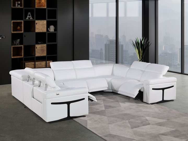 DivanItalia 1126 8-Piece U-Shaped Sectional Sofa in Top Grain Italian Leather with 4 Power Recliners &amp; Power Headrests – No Console - White