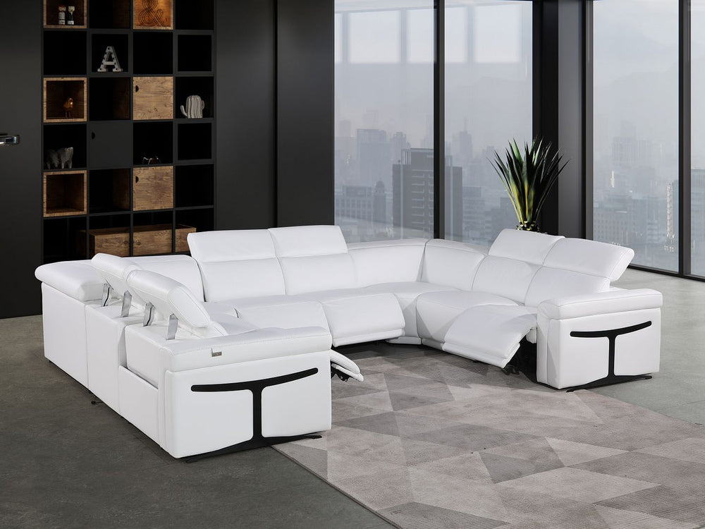 DivanItalia 1126 8-Piece U-Shaped Sectional Sofa in Top Grain Italian Leather with 4 Power Recliners & Power Headrests – No Console - White