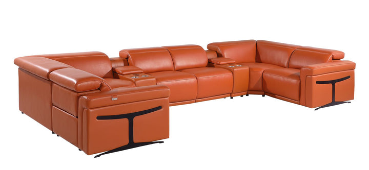 DivanItalia 1126 8-Piece U-Shaped Sectional Sofa in Top Grain Italian Leather with 2 Power Recliners &amp; Power Headrests - Camel