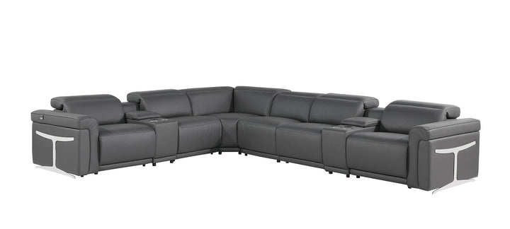 DivanItalia 1126 8-Piece L-Shaped Sectional Sofa in Top Grain Italian Leather with 4 Power Recliners &amp; Power Headrests - Dark Gray