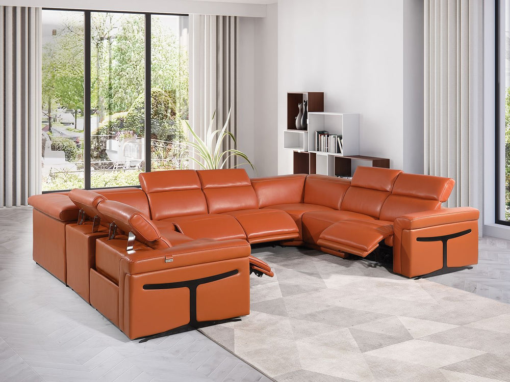 DivanItalia 1126 8-Piece U-Shaped Sectional Sofa in Top Grain Italian Leather with 4 Power Recliners & Power Headrests – No Console - Camel