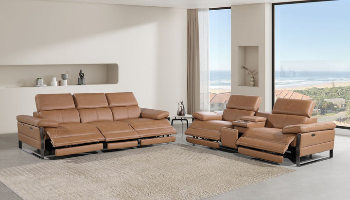 DivanItalia 1246 Modular Power Triple Reclining Sofa and Console Loveseat Set with Power Headrests – Top Grain Italian Leather - Cognac