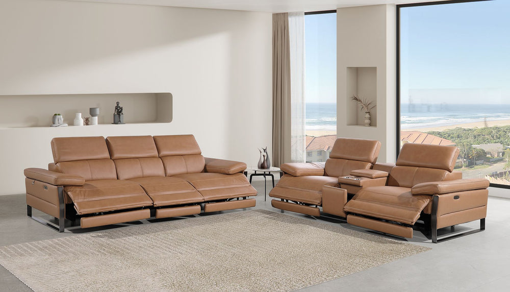 DivanItalia 1246 Modular Power Triple Reclining Sofa and Console Loveseat Set with Power Headrests – Top Grain Italian Leather - Cognac