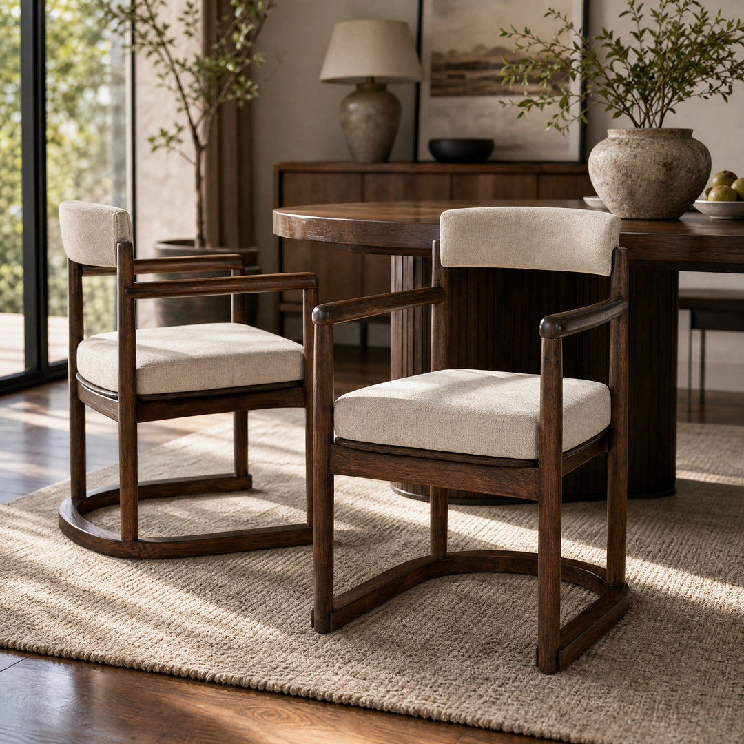 Sled Base Dining Arm Chair – Walnut/Beige (Set of 2)
