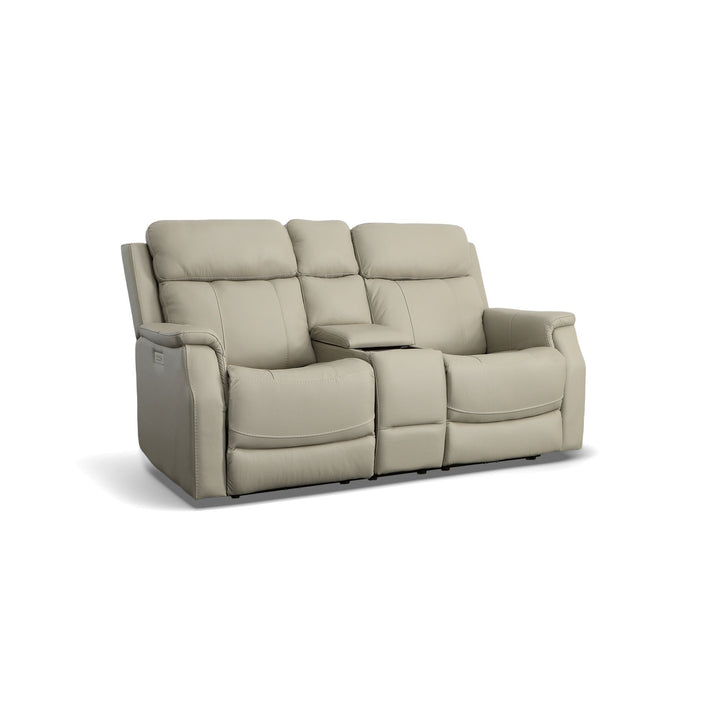 Easton Leather Power Reclining Loveseat with Console, Power Headrests &amp; Lumbar in Dove