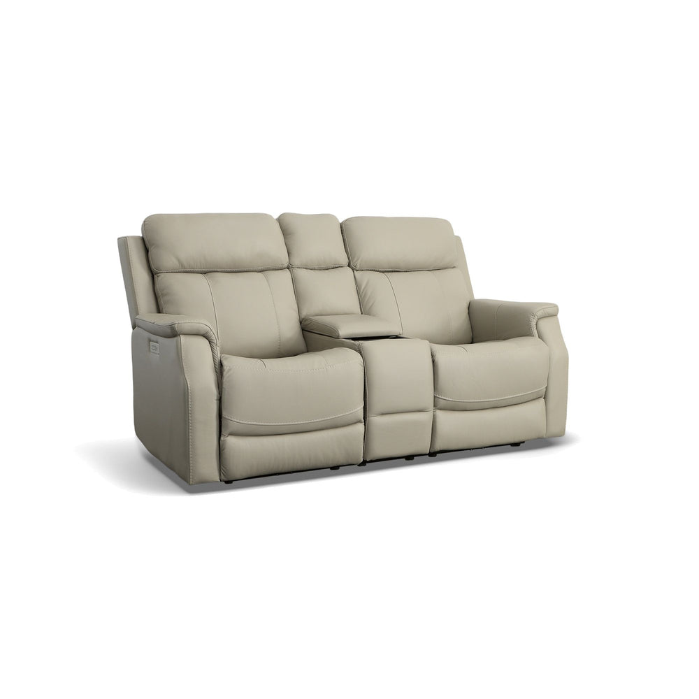 Easton Leather Power Reclining Loveseat with Console, Power Headrests & Lumbar in Dove