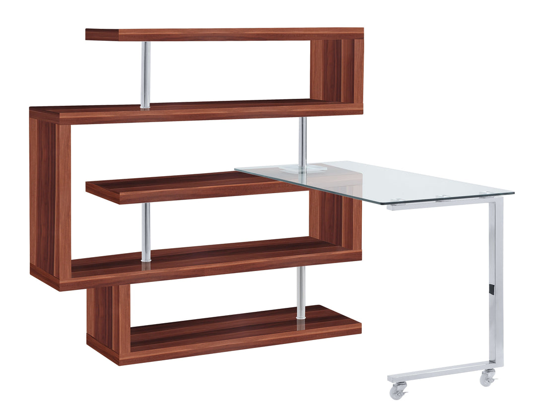 Buck II - Writing Desk With Bookshelf - Clear Glass, Chrome & Walnut High Gloss