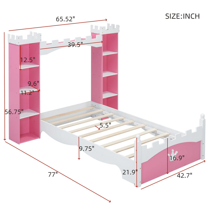castle-shaped-wooden-twin-bed-with-storage-shelf-pink-white