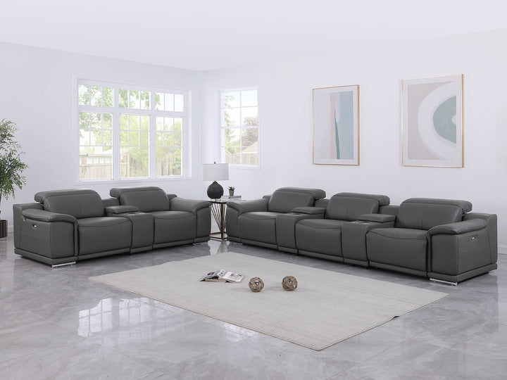 DivanItalia 9762 8-Piece Modular Power Reclining Sofa and Console Loveseat Set with Top Grain Italian Leather - Dark Gray