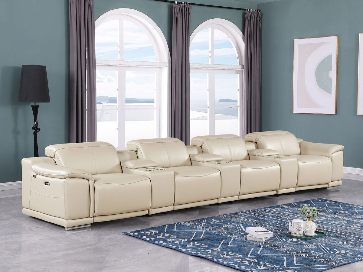 DivanItalia 9762 7-Piece Italian Top Grain Leather Power Reclining Sofa with 4 Power Recliners - Beige