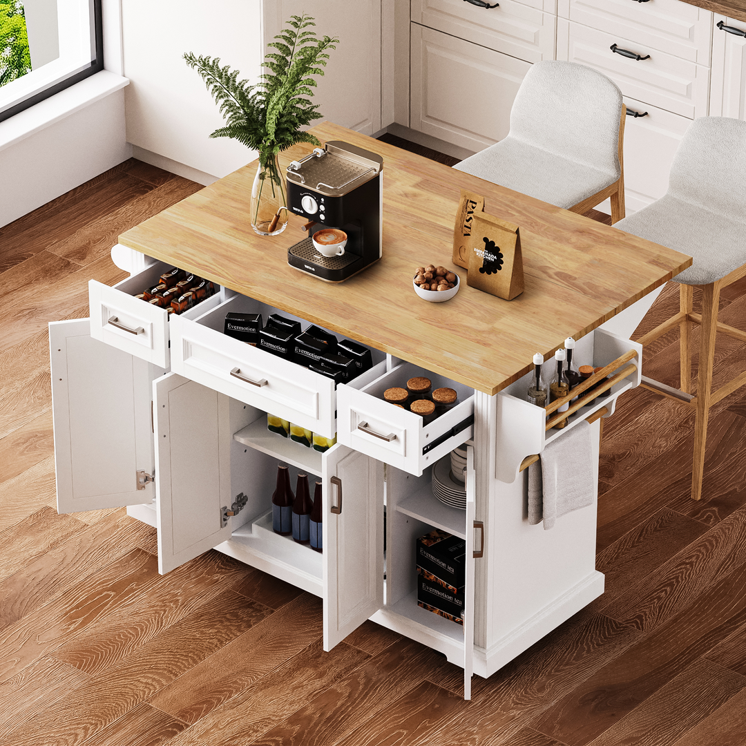 White Rolling Kitchen Island with Storage & Drop Leaf