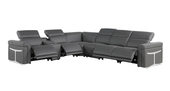 DivanItalia 1126 7-Piece L-Shaped Sectional Sofa in Top Grain Italian Leather with 4 Power Recliners &amp; Power Headrests - Dark Gray