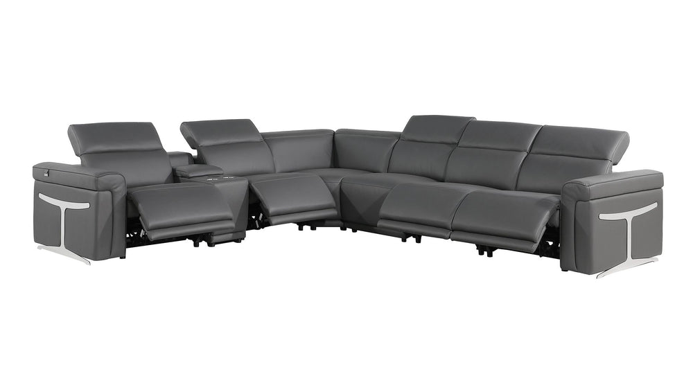 DivanItalia 1126 7-Piece L-Shaped Sectional Sofa in Top Grain Italian Leather with 4 Power Recliners & Power Headrests - Dark Gray