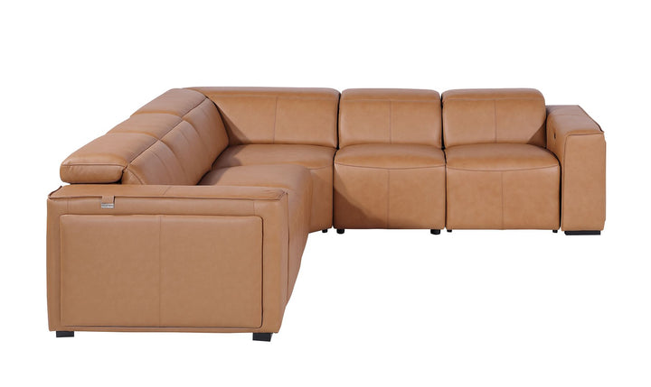 DivanItalia 1224 5-Piece L-Shaped Sectional Sofa in Top Grain Italian Leather with 3 Power Recliners &amp; Power Headrests - Cognac
