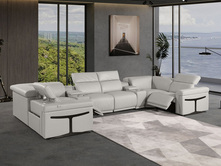 DivanItalia 1126 8-Piece U-Shaped Sectional Sofa in Top Grain Italian Leather with 2 Power Recliners &amp; Power Headrests - Light Gray