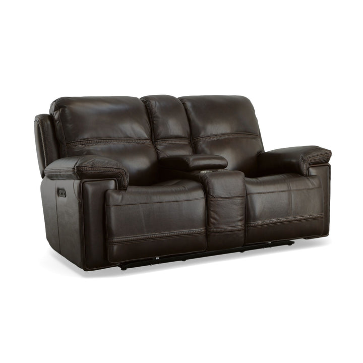 Fenwick Leather Power Reclining Loveseat with Console &amp; Power Headrests in Dark Chocolate