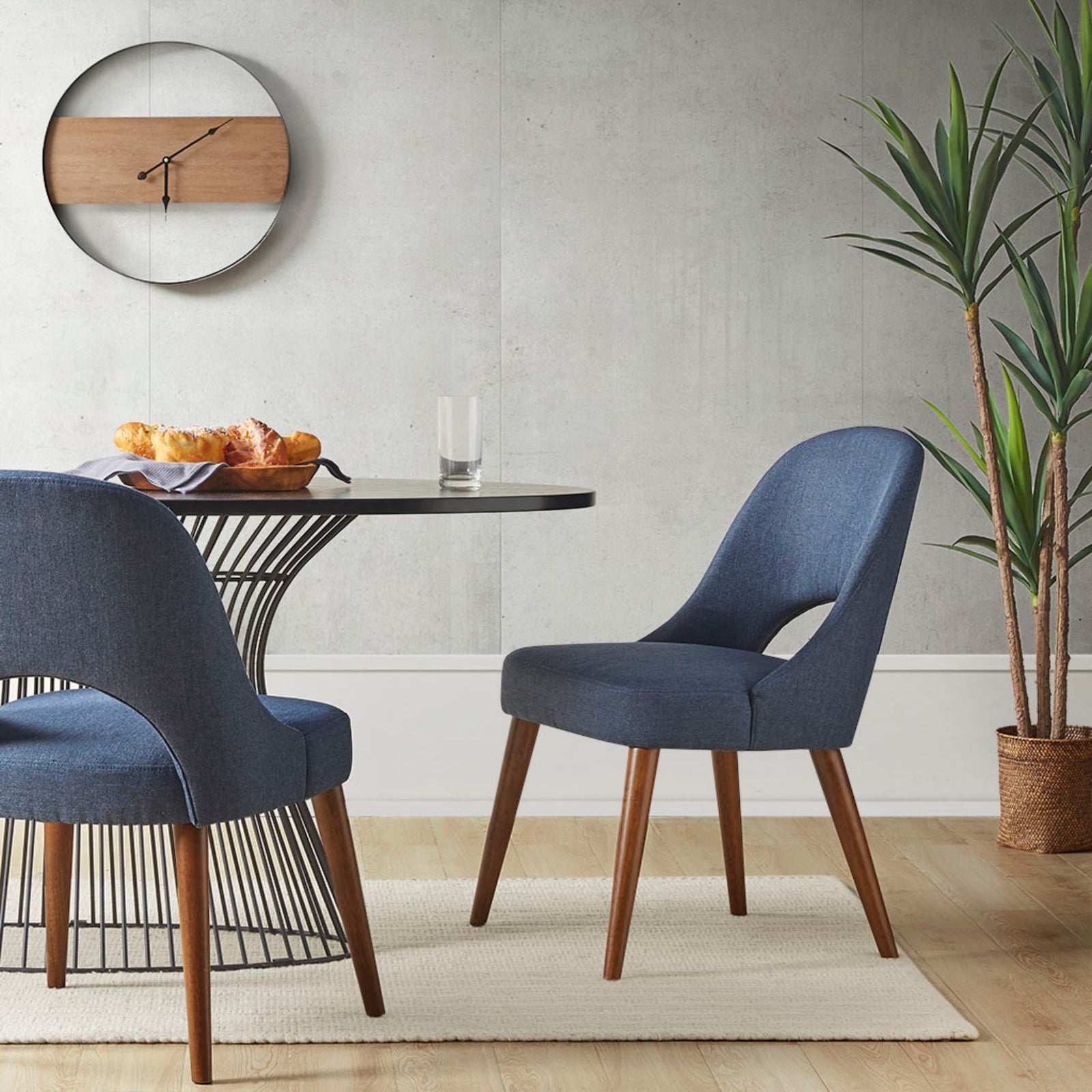 Upholstered Dining Chair in Textured Fabric with Pecan Solid Wood Legs in Navy