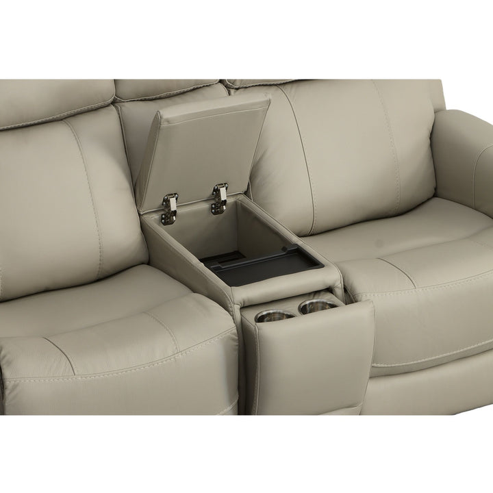 Easton Leather Power Reclining Loveseat with Console, Power Headrests &amp; Lumbar in Dove