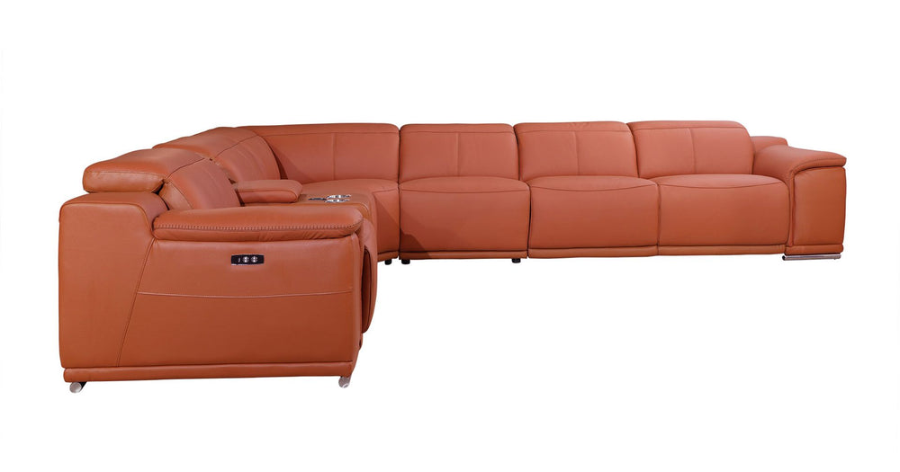 DivanItalia 9762 7-Piece L Shaped Top Grain Italian Leather Sectional Sofa with 4 Power Recliners - Camel