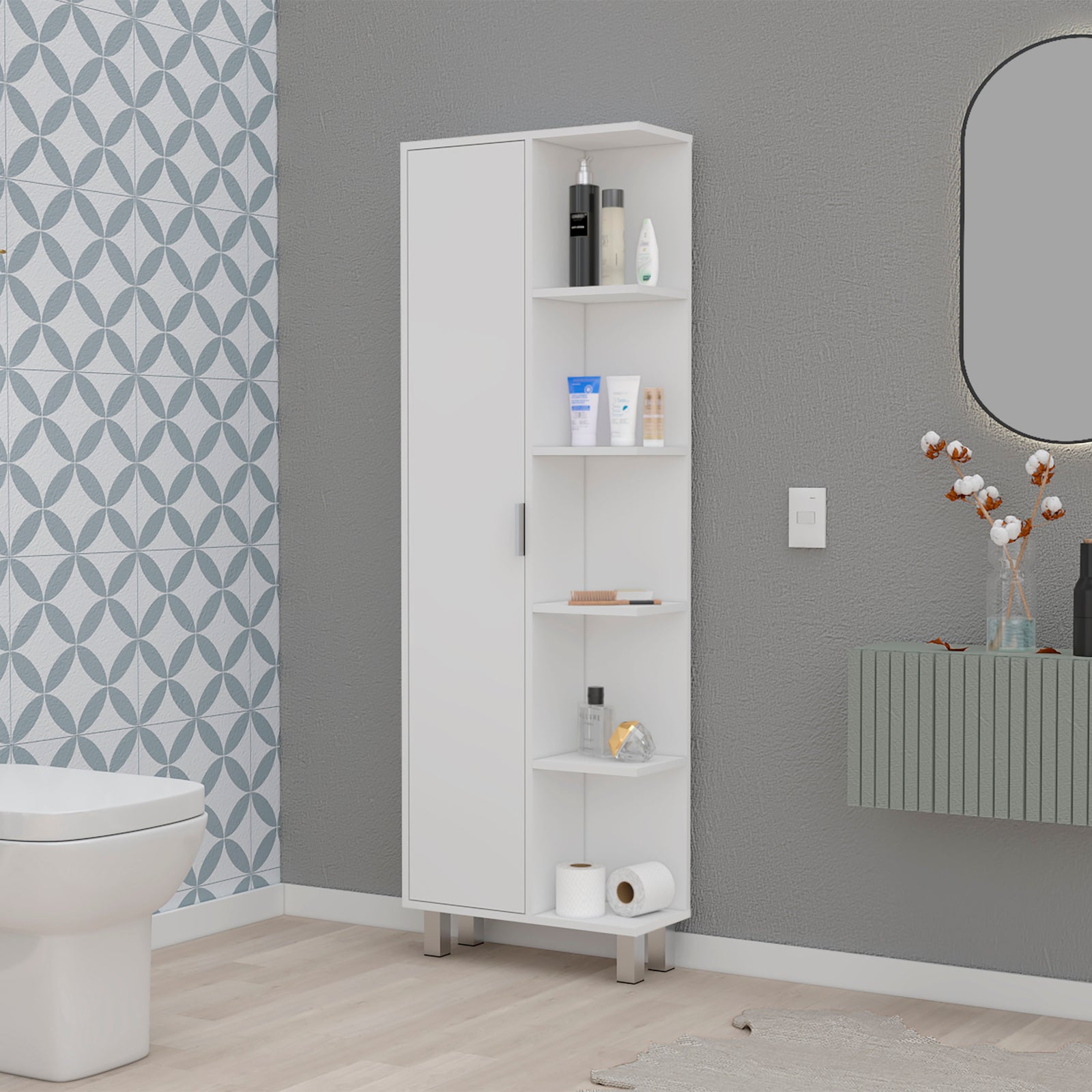 Randall Linen Cabinet with 1 Door and 9 Shelves – White