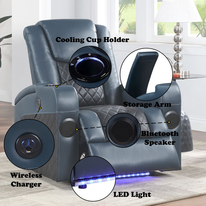 Alair - Power Motion Recliner With Bluetooth, Wireless Charger & Cupholder - Blue & Black Leather Aire