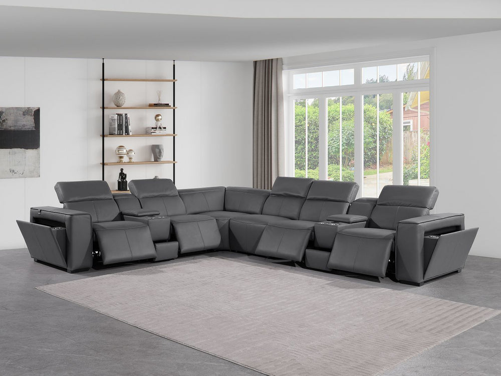 DivanItalia 1224 8-Piece U-Shaped Sectional Sofa in Top Grain Italian Leather with 4 Power Recliners & Power Headrests – No Console - Dark Gray