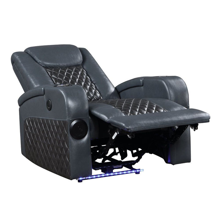 Alair - Power Motion Recliner With Bluetooth, Wireless Charger & Cupholder - Blue & Black Leather Aire