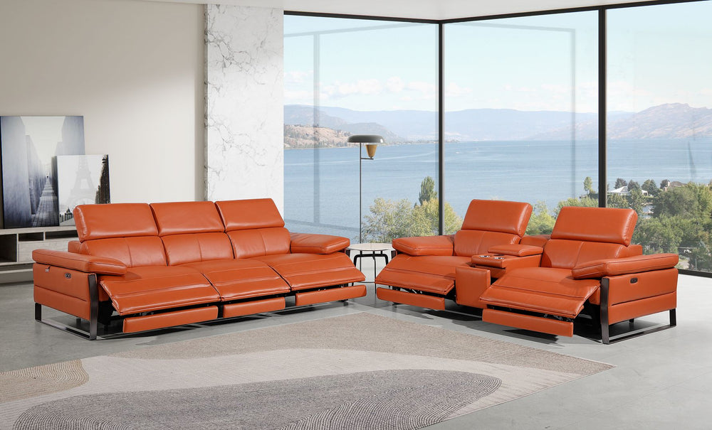 DivanItalia 1246 Modular Power Triple Reclining Sofa and Console Loveseat Set with Power Headrests – Top Grain Italian Leather - Camel