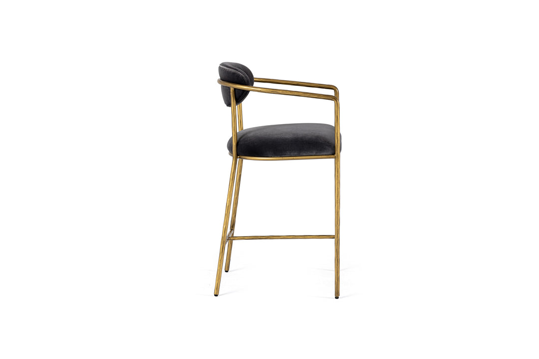 Baird  Modern Grey Velvet + Brass Counter Chair