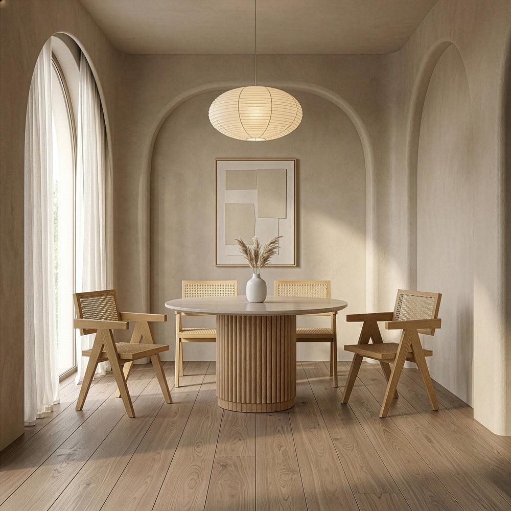 Bambi - Modern Botticino Marble + Mango Round Dining Table - View 2