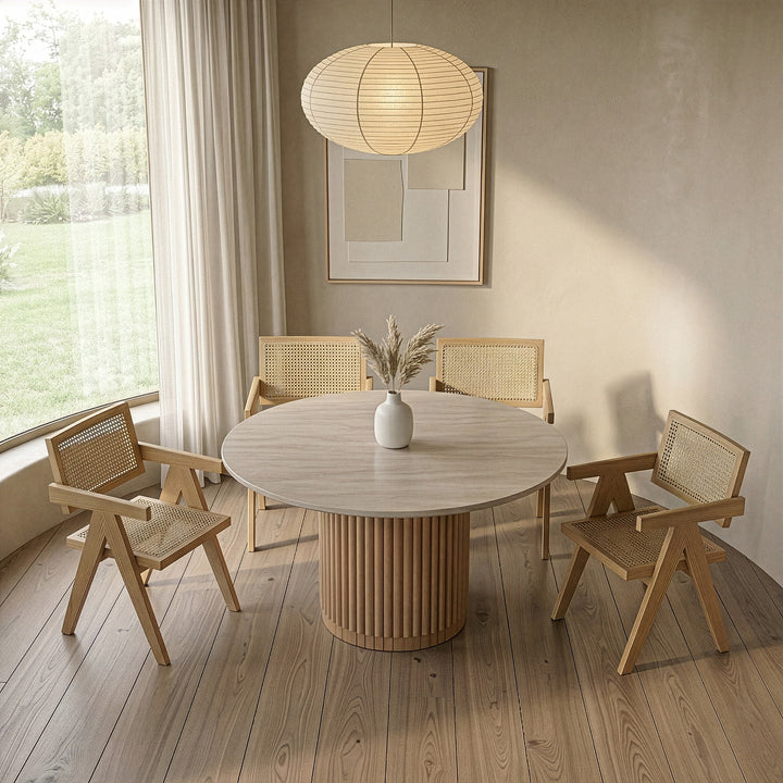 Bambi - Modern Botticino Marble + Mango Round Dining Table