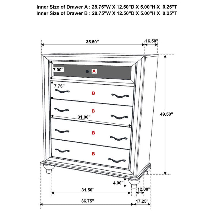 Barzini - 5 - Drawer Bedroom Chest - White Accent Chest modern furniture Contempo Furniture