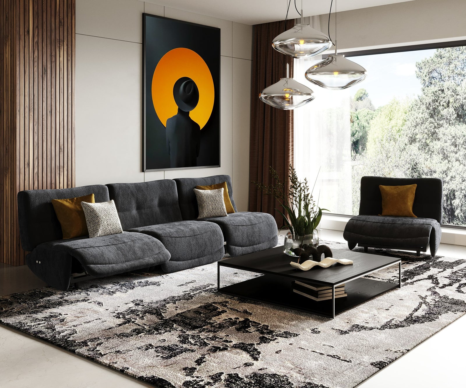 Basil - Modern Dark Grey Fabric Large Sofa With 3 Electric Recliners