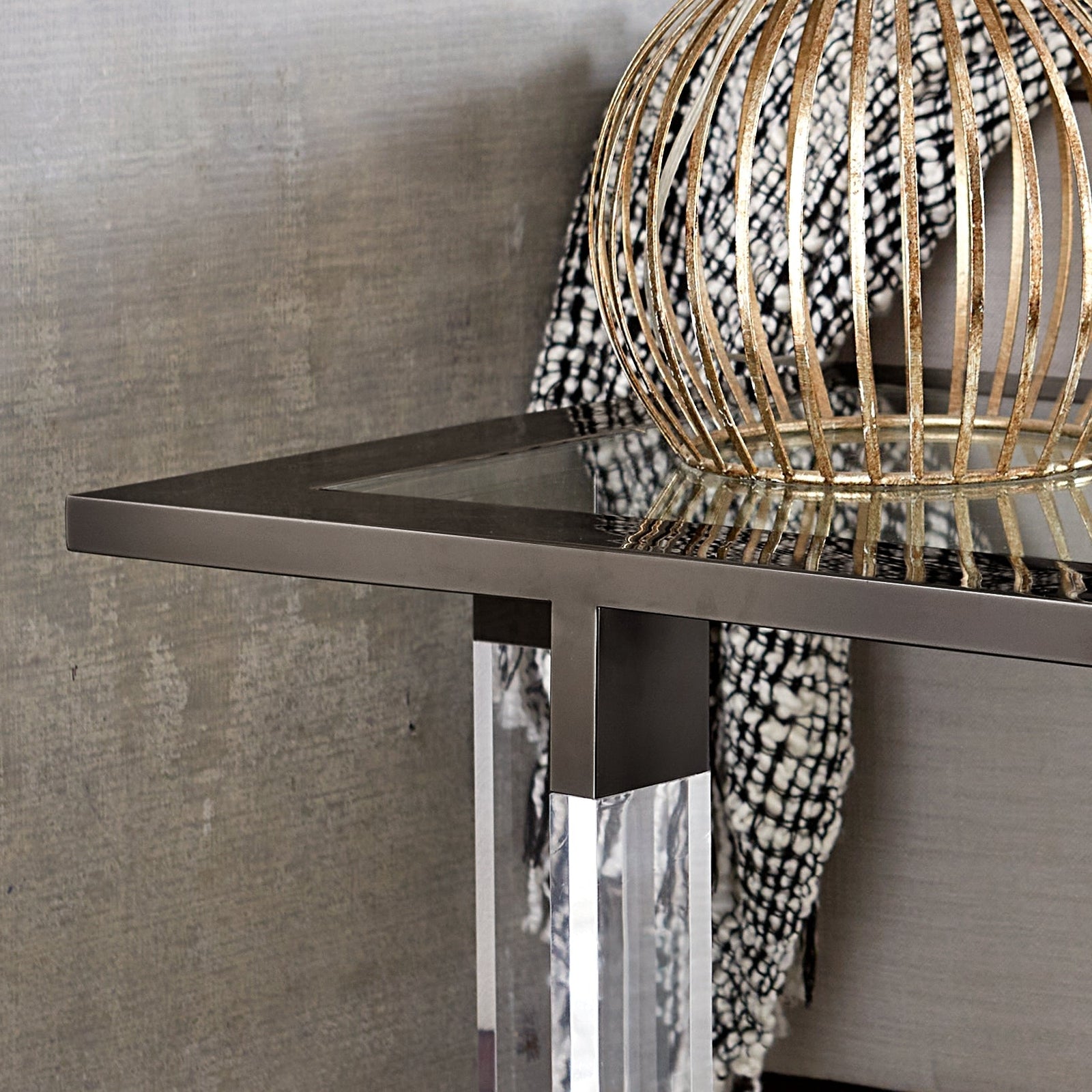 Bastian End Table in Clear Acrylic and Gunmetal Polished Stainless Steel End Table modern furniture Contempo Furniture