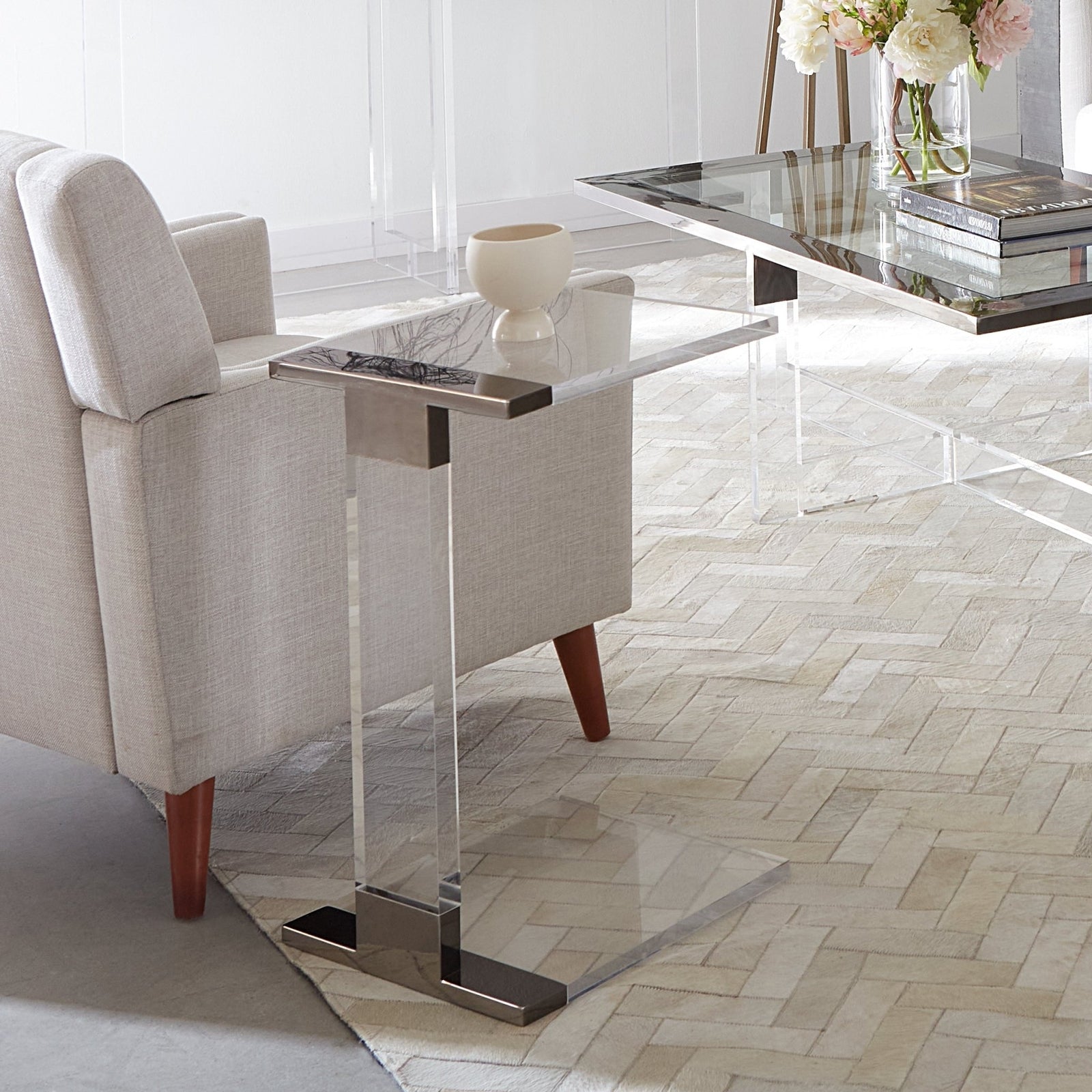 Bastian Small End Table in Clear Acrylic and Gunmetal Polished Stainless Steel End Table modern furniture Contempo Furniture