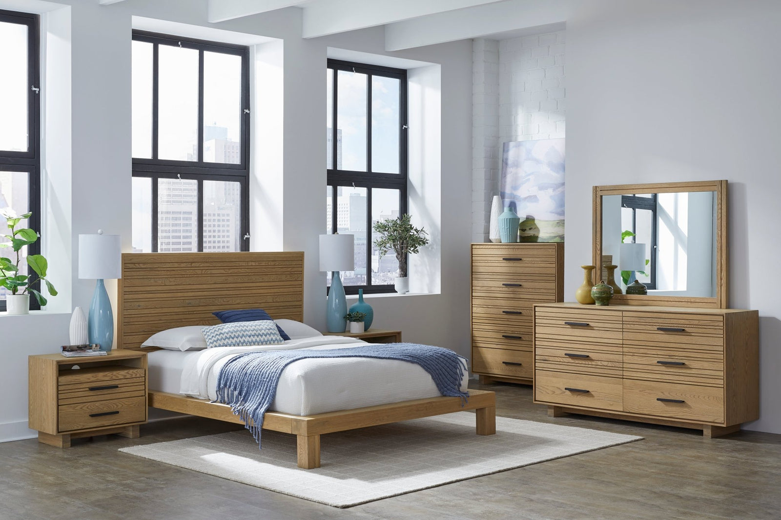 Batten Solid Wood and Mirrored Glass Wall or Dresser Mirror in Blonde Oak Mirror modern furniture Contempo Furniture