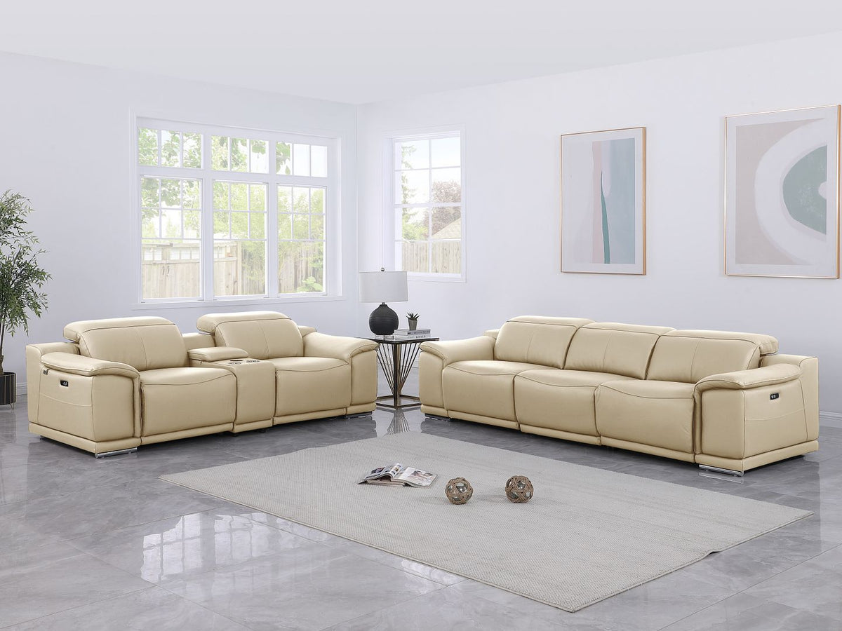 DivanItalia 9762 6-Piece Modular Power Reclining Sofa and Console Loveseat Set with 5 Power Recliners in Top Grain Italian Leather - Beige