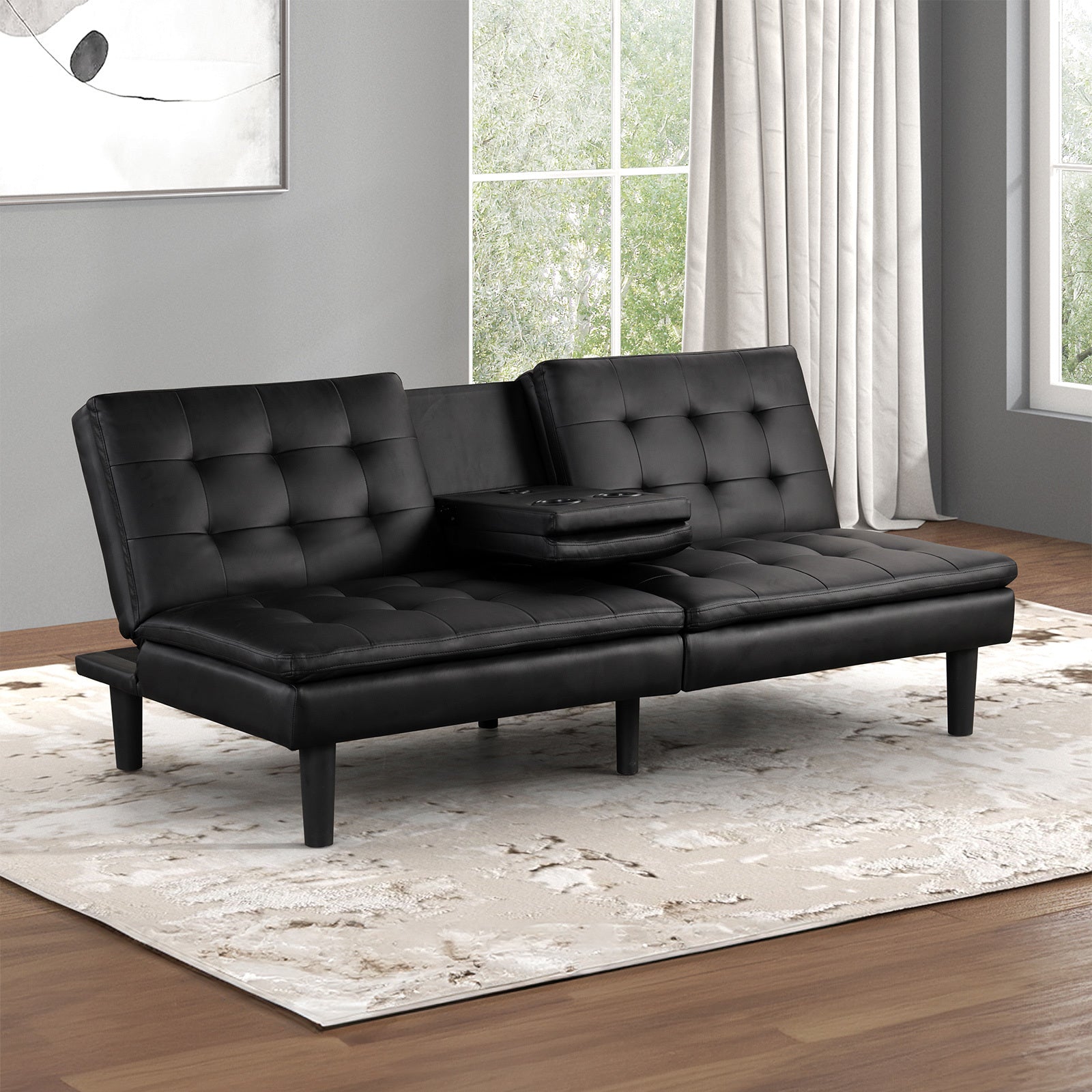 contemporary-style-futon-sofa-bed-black-finish-built-in-usb-chargers-biscuit-tufting-seat-and-back-back-seat-drop-down-table-with-cup-holder-easily-convert-to-bed